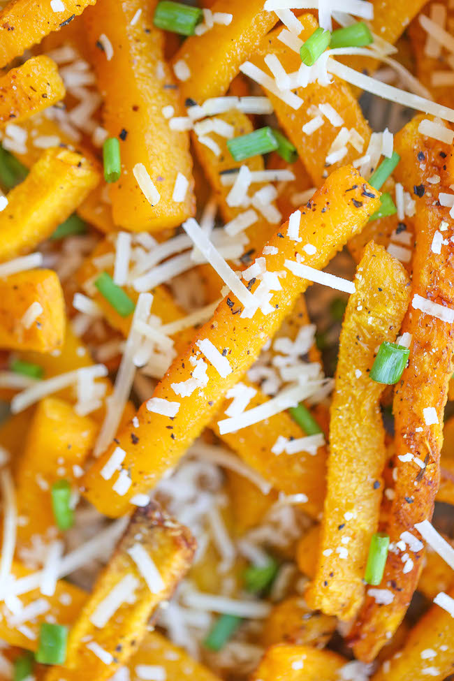 Parmesan Butternut Squash Fries - Crisp-tender Parmesan fries, baked to absolute perfection. Except these are actually healthy, and completely addicting!