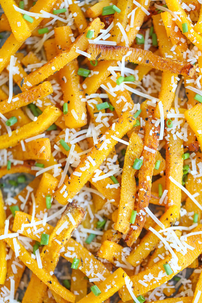 Parmesan Butternut Squash Fries - Crisp-tender Parmesan fries, baked to absolute perfection. Except these are actually healthy, and completely addicting!