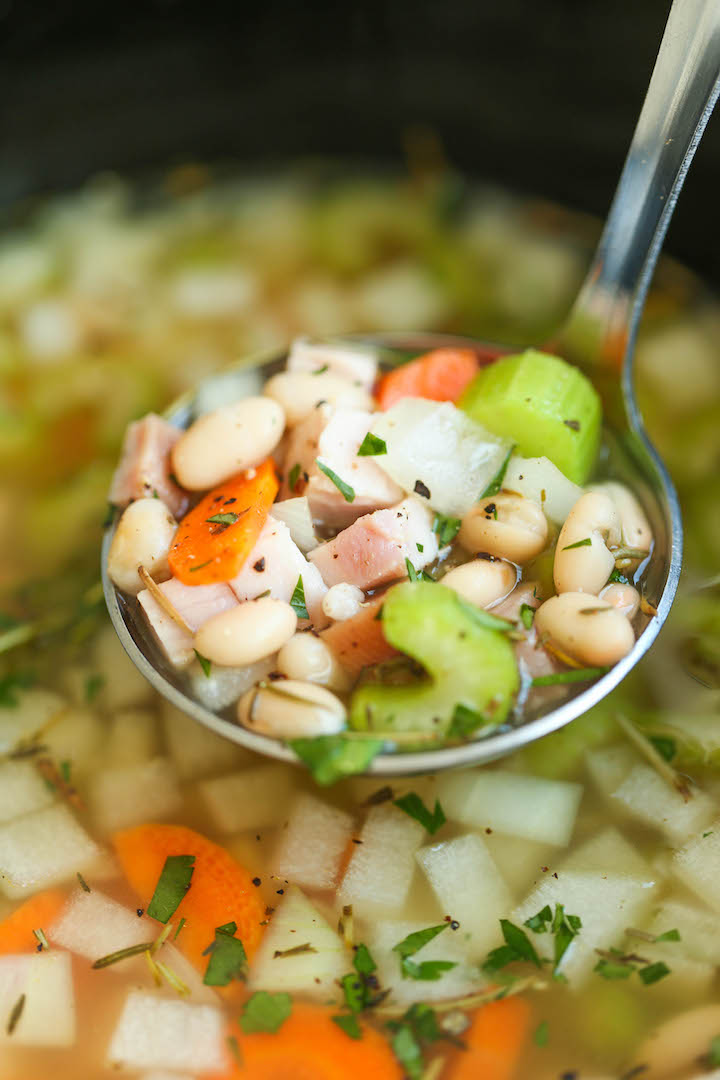Slow Cooker Ham and White Bean Soup - Hearty, cozy and just so easy! The crockpot does all the work for you. Perfect to use up that leftover hambone!