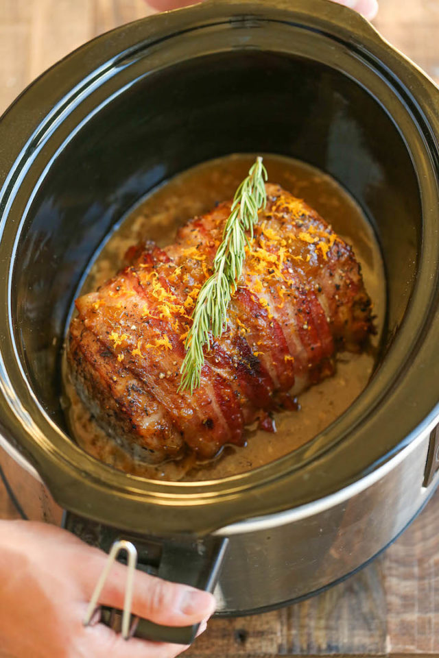 Slow Cooker Bacon Wrapped Pork Loin Damn Delicious