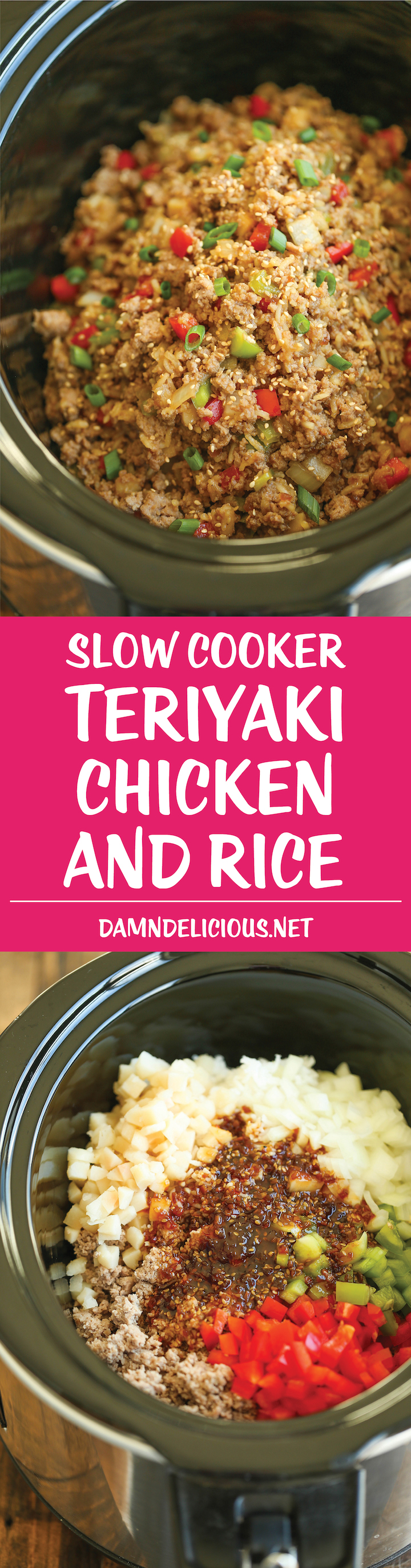 Slow Cooker Teriyaki Chicken and Rice - Saucy chicken, rice and veggies come together so easily right in the crockpot. Sure to be a weeknight staple!