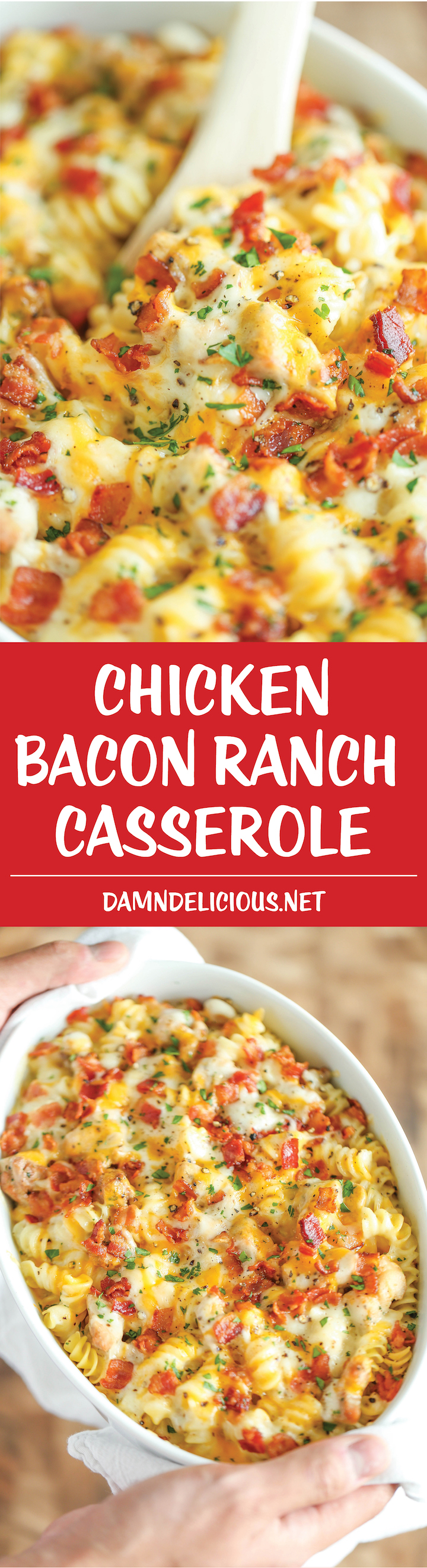 Chicken Bacon Ranch Casserole - Creamy, cheesy and comforting! Loaded with Ranch chicken, homemade alfredo sauce and bacon. Can be made ahead of time!