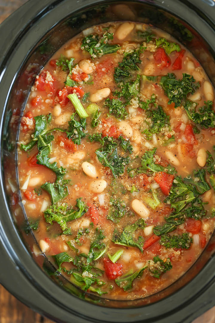 Slow Cooker Tomato, Kale and Quinoa Soup - Comforting, nourishing and healthy made in the crockpot. Even the quinoa gets cooked right in! 214.2 cal/serving.