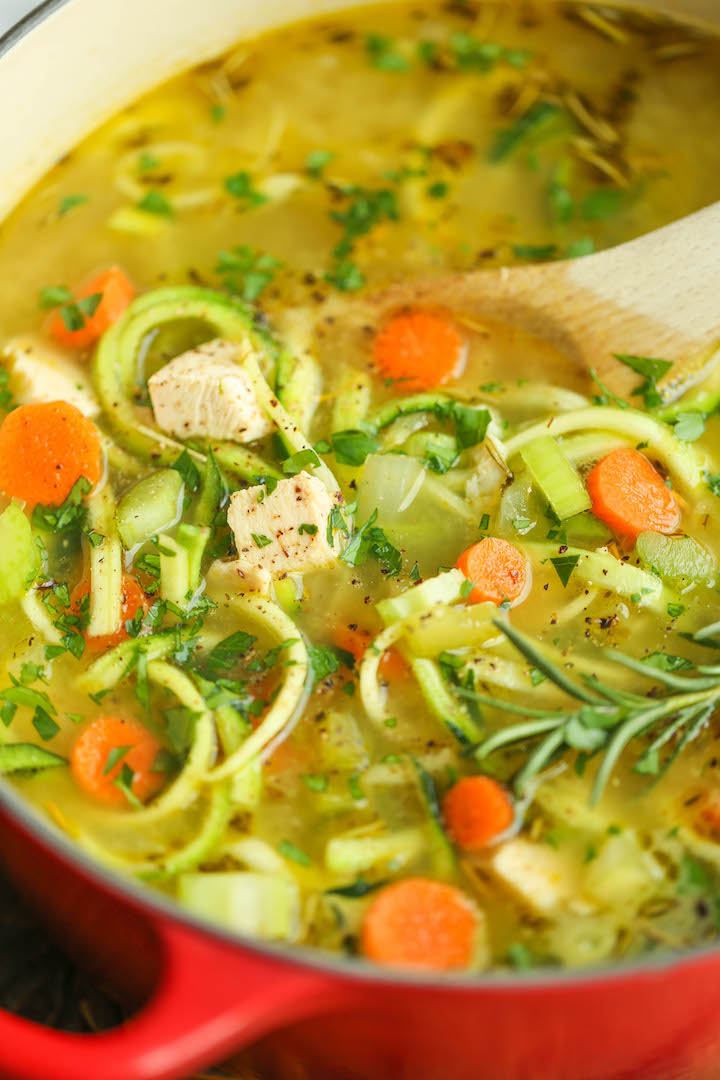 Chicken Zoodle Soup - Just like mom's cozy chicken noodle soup but made with zucchini noodles instead! So comforting AND healthy! 227.3 calories.