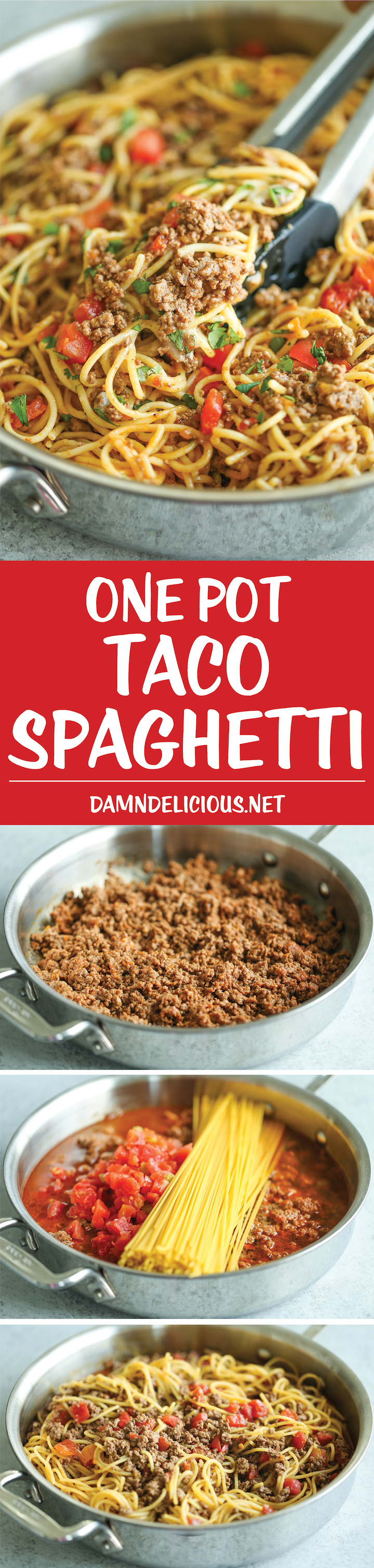 One Pot Taco Spaghetti - All your favorite flavors of tacos in spaghetti form - made in ONE PAN!  So cheesy, comforting and stinking easy with no clean-up!