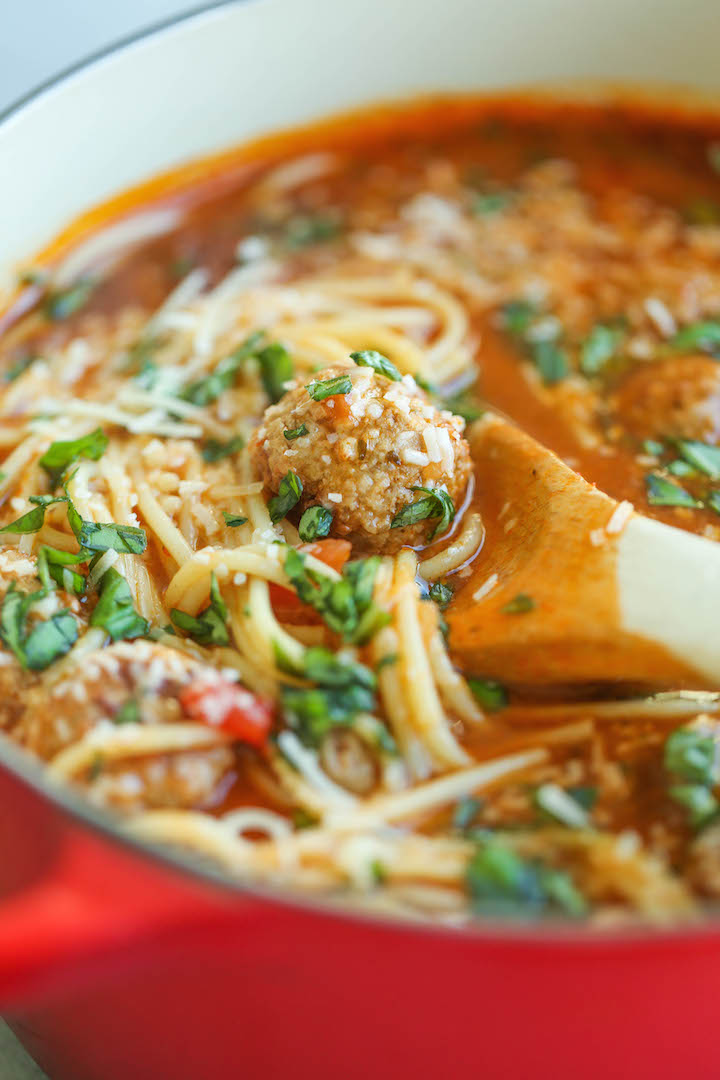 Spaghetti and Meatball Soup - Everyone's favorite dish is turned into the creamiest, coziest soup ever! Made in just 20 min. Kid and adult-friendly!
