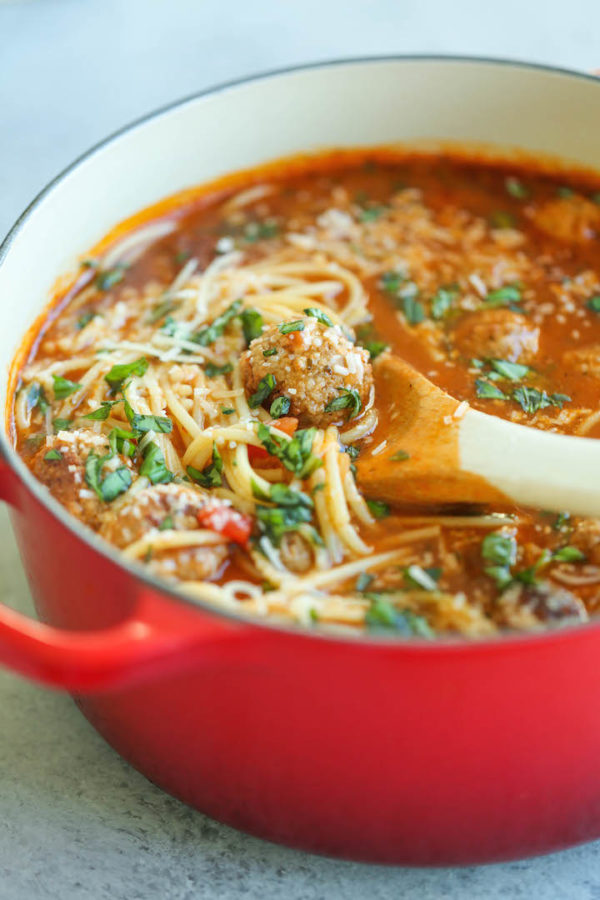 Spaghetti and Meatball Soup - Damn Delicious