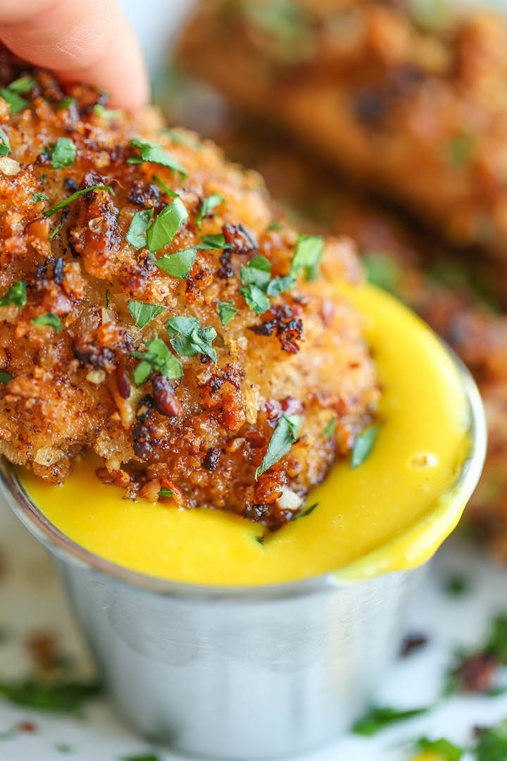 Honey Mustard Chicken Fingers - Heart-healthy chicken tenders completely baked in an AMAZING mustard sauce and coated with a nutty crunchy pecan crust!