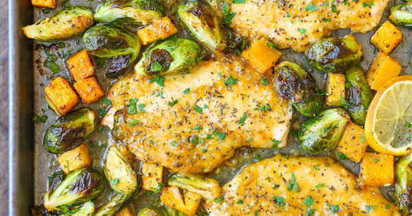 One Pan Lemon Chicken With Butternut Squash And Brussels Sprouts Damn Delicious