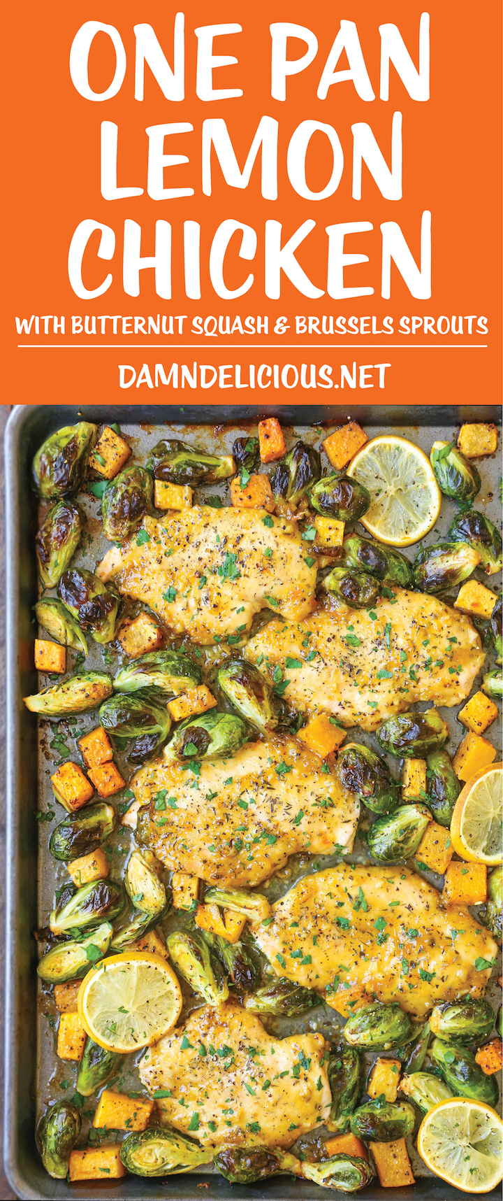 One Pan Lemon Chicken with Butternut Squash and Brussels Sprouts - An easy peasy one pan meal! And the chicken breasts come out so tender and flavorful!
