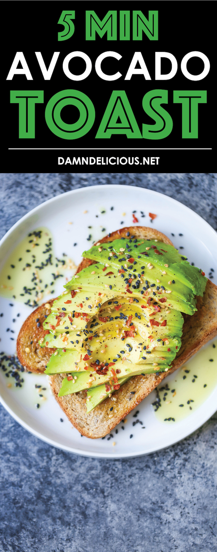 5 Minute Avocado Toast - Simply the best breakfast of all time. Made in 5 min from start to finish, or really 2 min 30 sec. Toast, slice, drizzle. Boom.