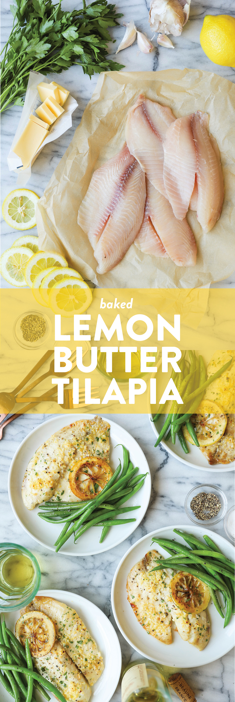 Baked Lemon Butter Tilapia - The easiest, most effortless 20 min meal ever from start to finish. And it's all made in a single pan. Win-win situation here.