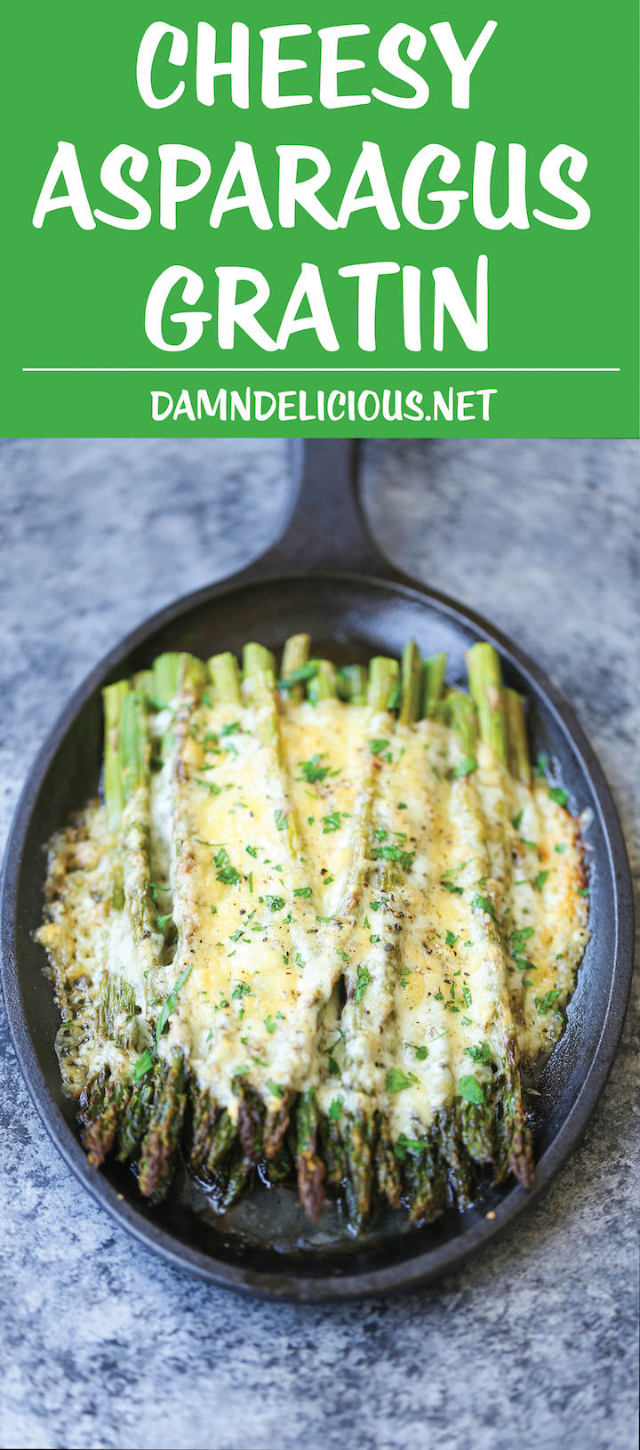 Cheesy Asparagus Gratin - A 5-min appetizer (or side dish)! Simply roast your asparagus with desired herbs, top with cheese and bake until cheesy goodness!