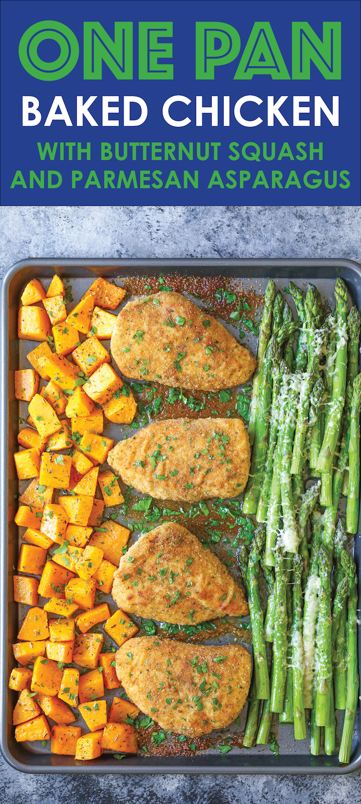 One Pan Baked Chicken with Butternut Squash and Parmesan Asparagus - An easy fool-proof sheet pan dinner! And the chicken comes out so moist and tender!