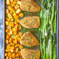 One Pan Baked Chicken with Butternut Squash and Parmesan Asparagus