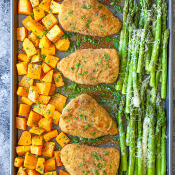 One Pan Baked Chicken with Butternut Squash and Parmesan Asparagus ...