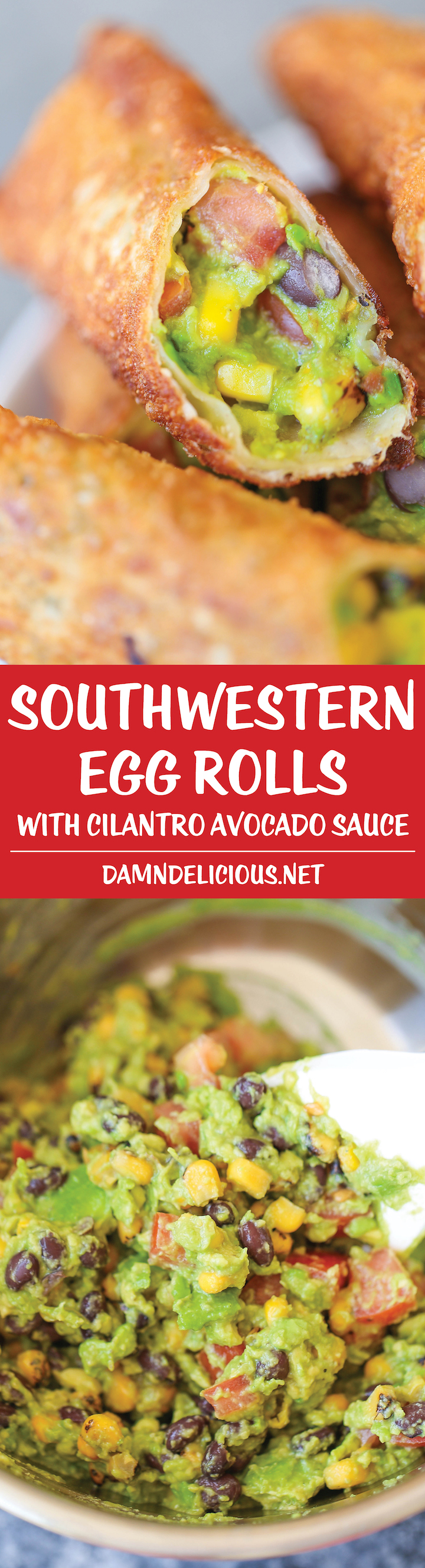 Southwestern egg rolls with cilantro avocado sauce