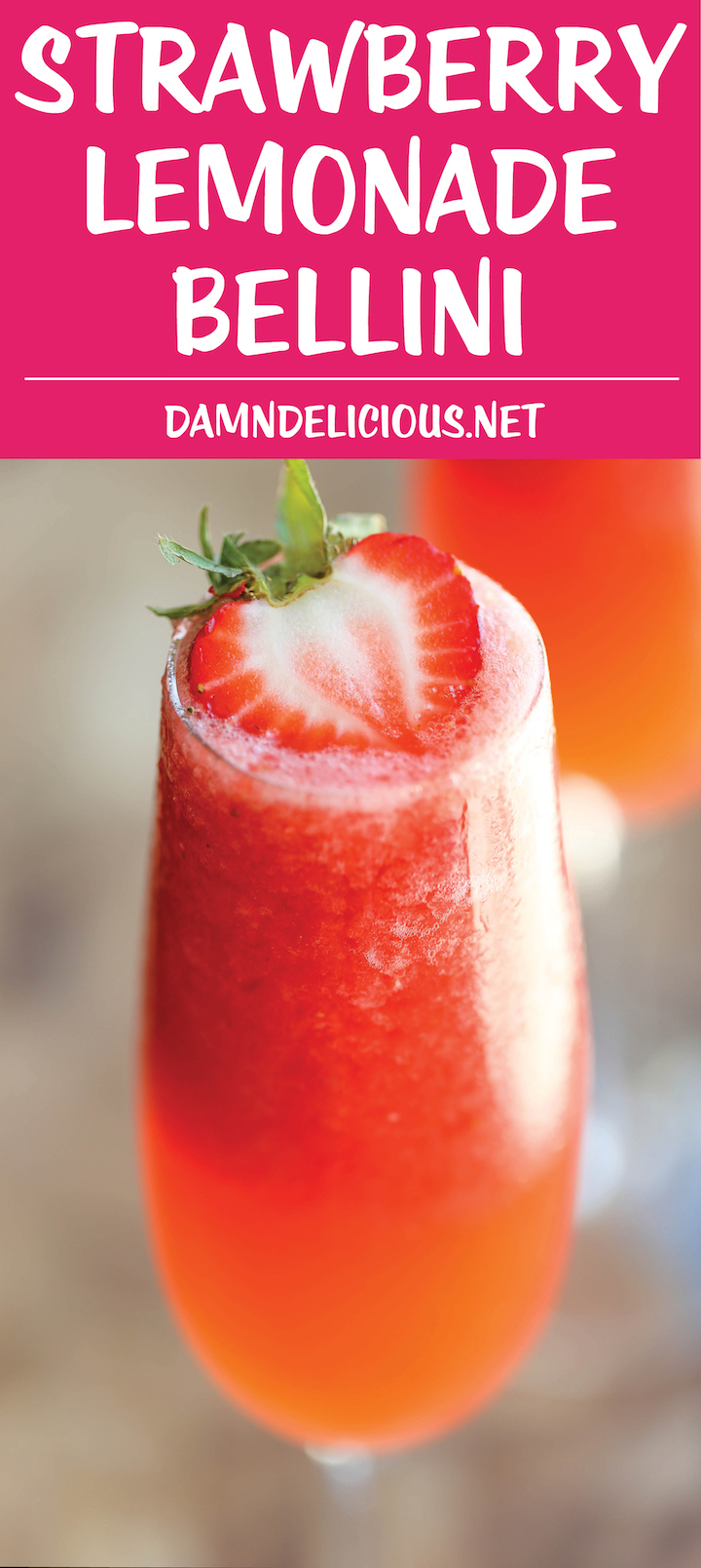 Strawberry Lemonade Bellini - This is a fun twist to your traditional peach bellini, made into a boozy-type slushy using only 4 ingredients with 5 min prep!