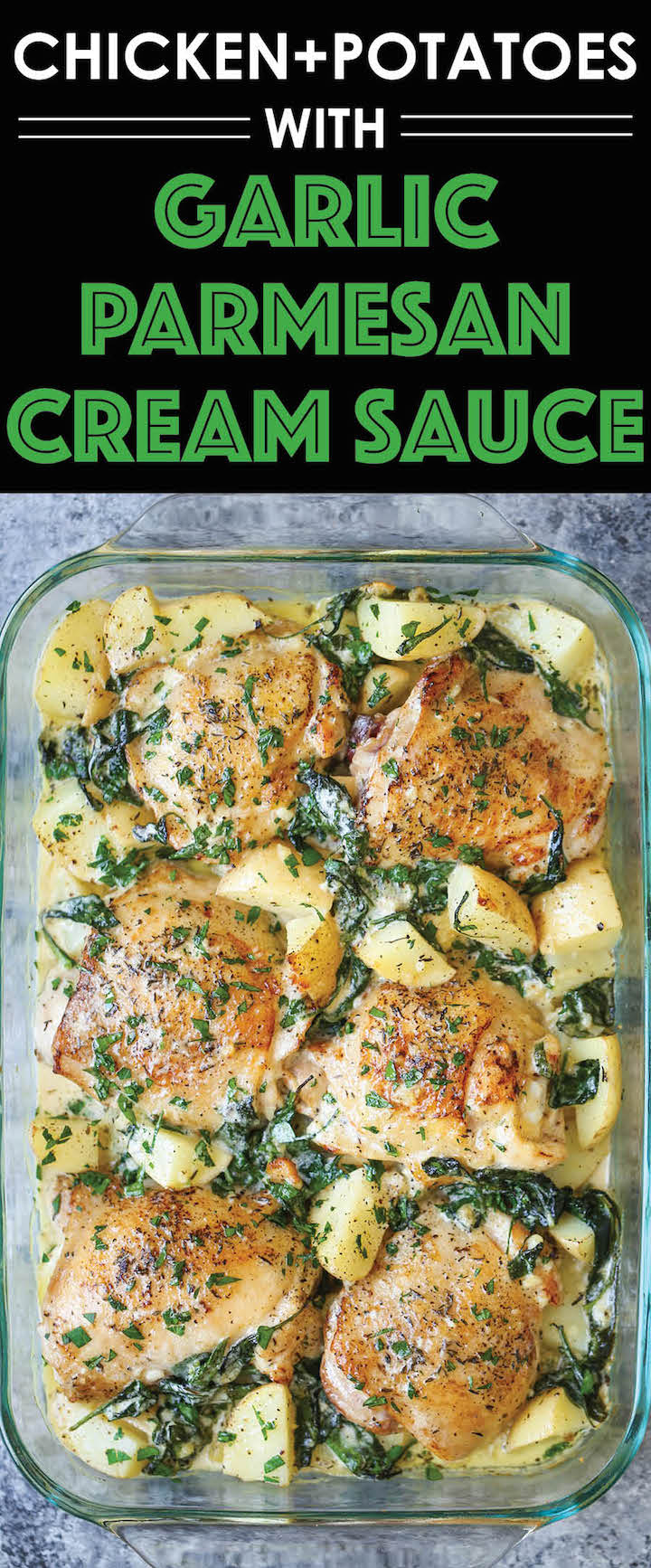 Chicken and Potatoes with Garlic Parmesan Cream Sauce - Crisp-tender chicken baked to absolute perfection with potatoes and spinach. A complete meal in one!