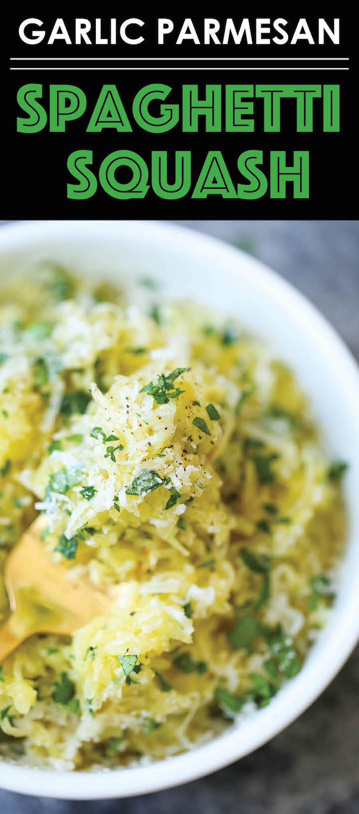 Garlic Parmesan Spaghetti Squash - Roasted spaghetti squash tossed in butter, garlic and plenty of fresh Parmesan cheese. It's simple, healthy and low-carb! 410 calories.