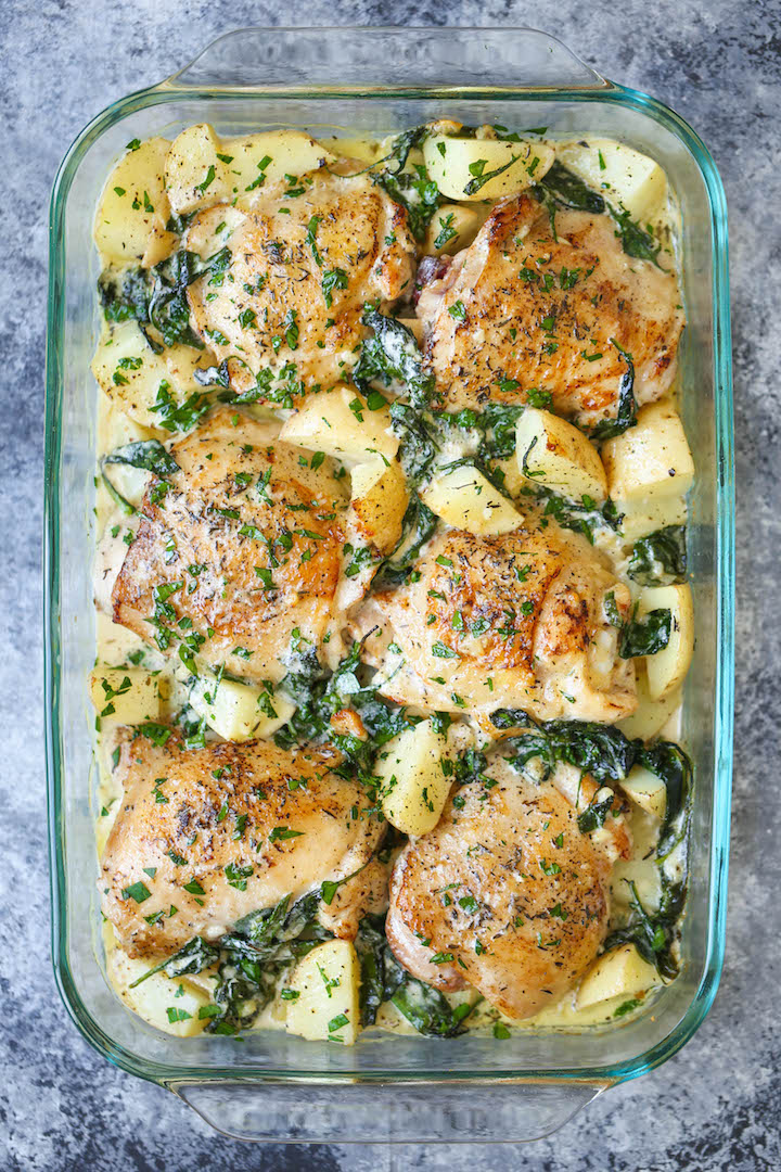 Chicken and Potatoes with Garlic Parmesan Cream Sauce - Crisp-tender chicken baked to absolute perfection with potatoes and spinach. A complete meal in one!