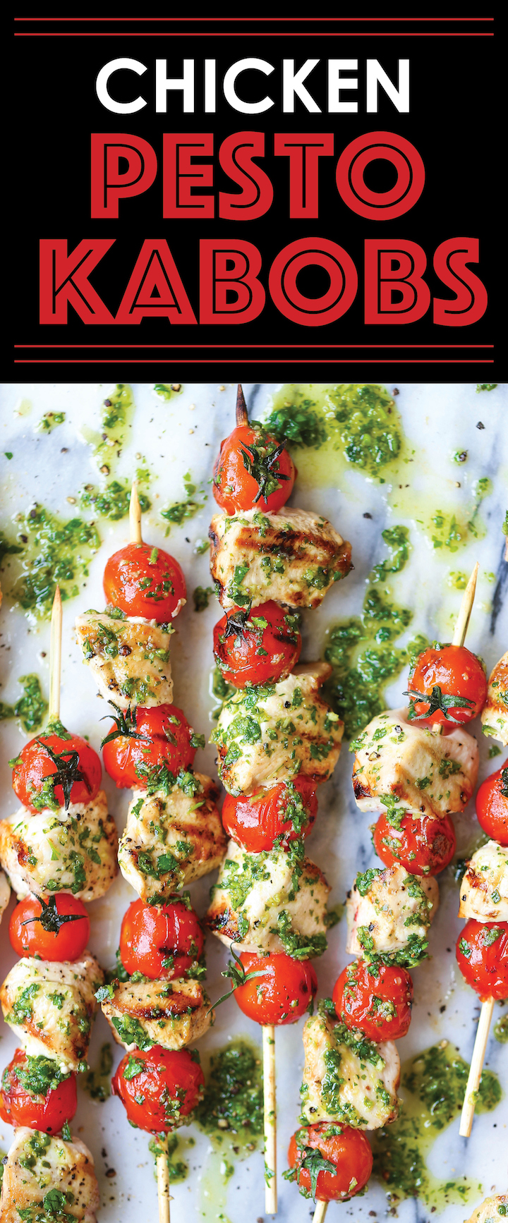 Chicken Pesto Kabobs - No-fuss 4-ingredient kabobs! Can be made ahead of time, baked or grilled so you can make this anytime, anywhere. Easy peasy.