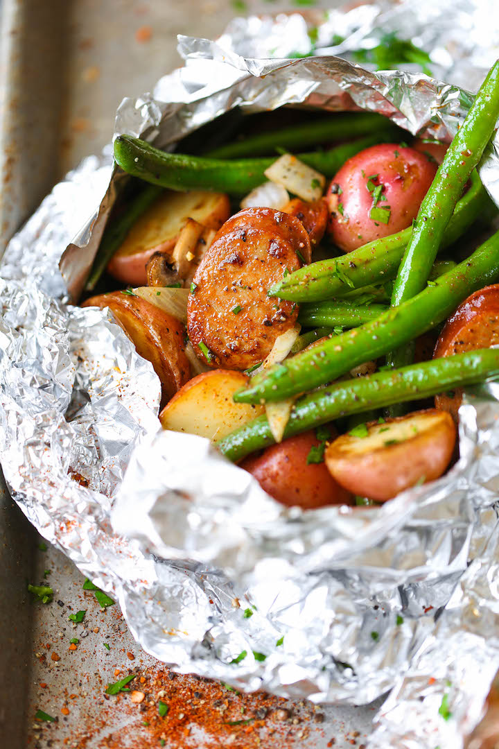 Sausage, Potato and Green Bean Foil Packets - Damn Delicious