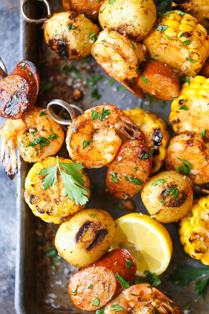 Shrimp Boil Kabobs - The classic shrimp boil is transformed into the tastiest kabobs yet! Can be grilled or baked and prepped in advance! Easy, right?