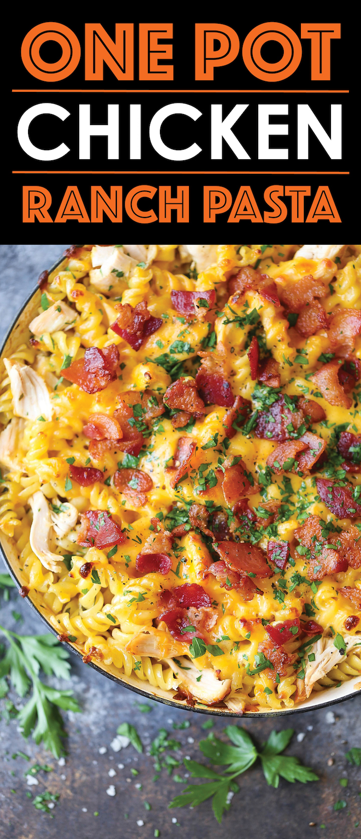 One Pot Chicken Ranch Pasta - This cheesy baked pasta comes together so effortlessly in ONE PAN, topped with crisp bacon. It just doesn't get any better!