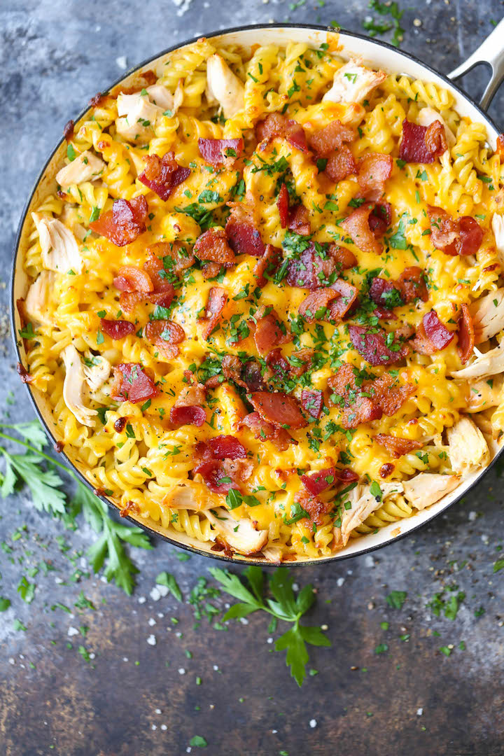 One Pot Chicken Ranch Pasta - This cheesy baked pasta comes together so effortlessly in ONE PAN, topped with crisp bacon. It just doesn't get any better!