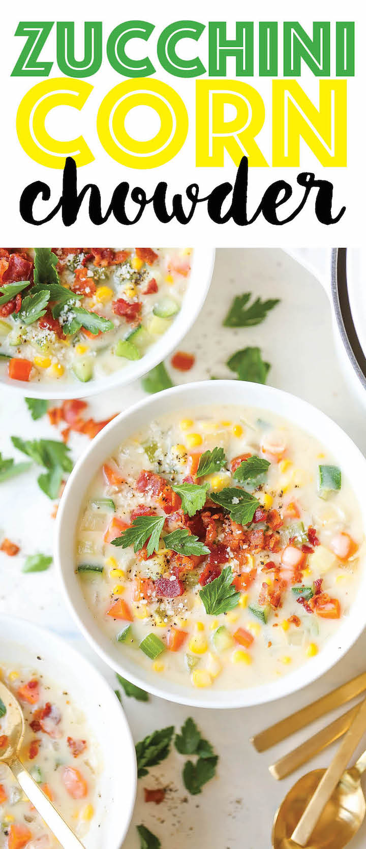 Zucchini Corn Chowder - Use up all that lingering zucchini for a filling, colorful and cozy soup you can make all year long, topped with crisp bacon bits!