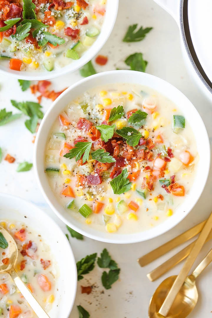 Zucchini Corn Chowder - Use up all that lingering zucchini for a filling, colorful and cozy soup you can make all year long, topped with crisp bacon bits!