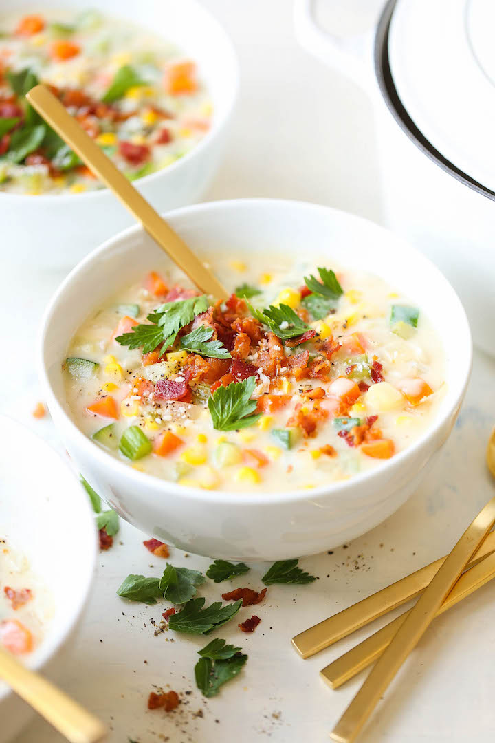 Zucchini Corn Chowder - Use up all that lingering zucchini for a filling, colorful and cozy soup you can make all year long, topped with crisp bacon bits!