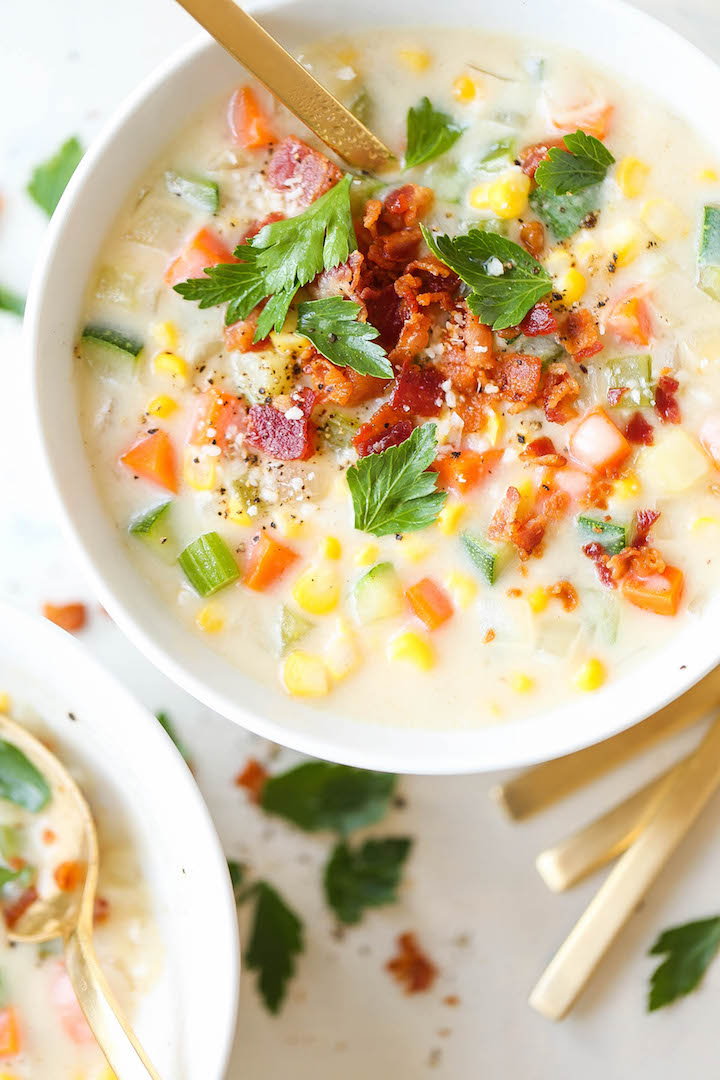 Zucchini Corn Chowder - Use up all that lingering zucchini for a filling, colorful and cozy soup you can make all year long, topped with crisp bacon bits!