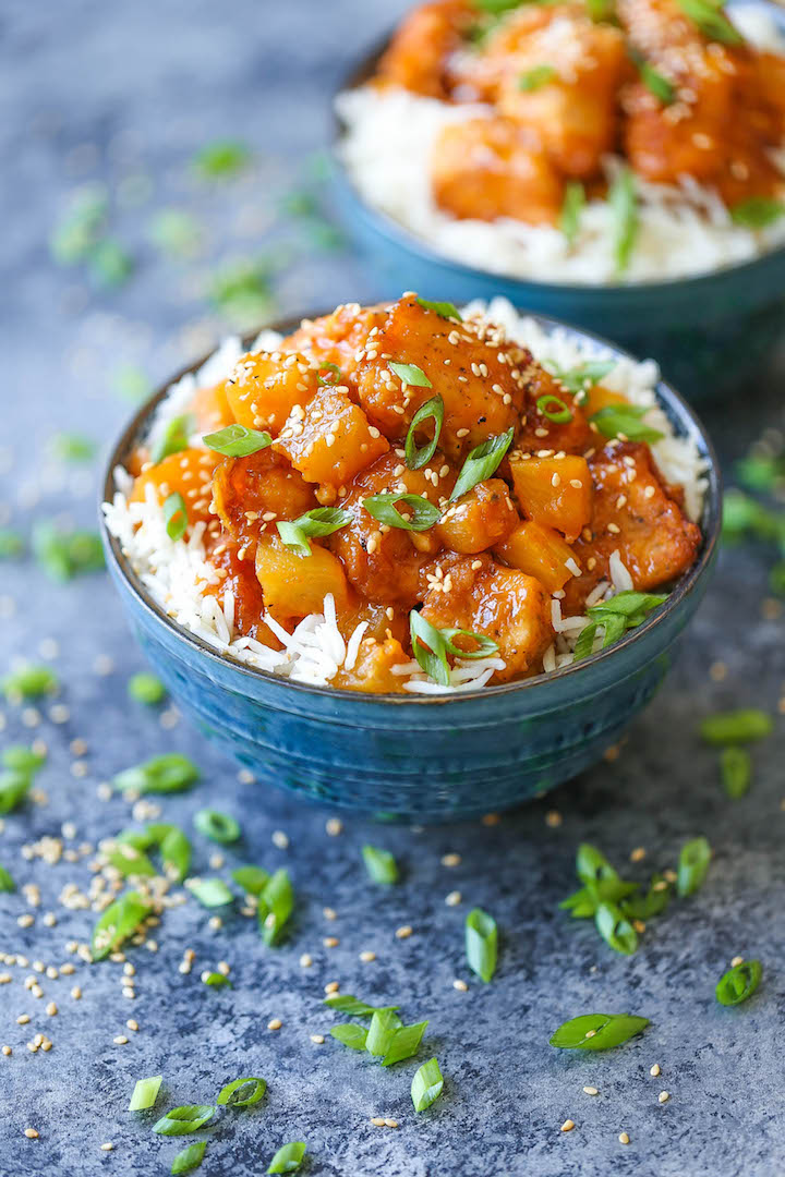 Baked Pineapple Chicken Bowls - Savory, sweet and sour with the juiciest of pineapple chunks and the most tender chicken bites baked to absolute perfection.