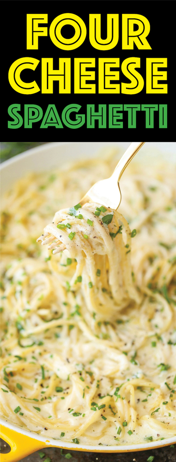 Four Cheese Spaghetti - AMAZINGLY creamy and so velvety with literally 4 different types of cheeses here! It's quick/easy and perfect for company too!
