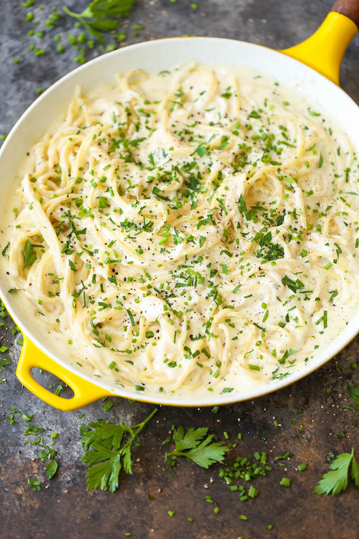 Four Cheese Spaghetti - AMAZINGLY creamy and so velvety with 4 different types of cheeses here! It's quick/easy and perfect for company too!