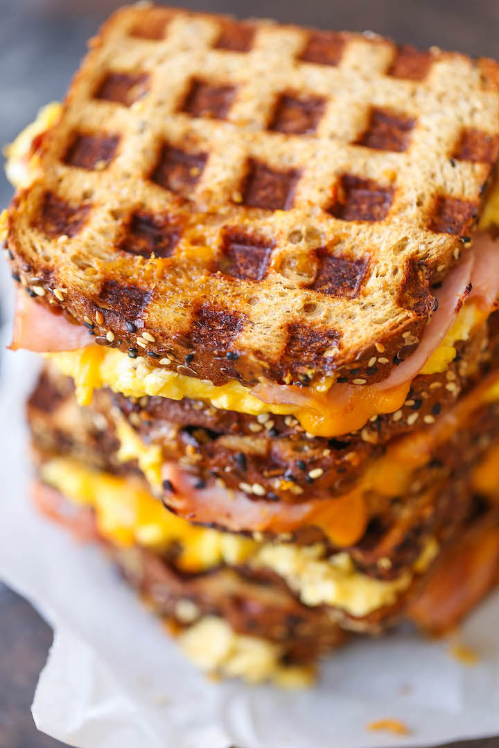 Ham Egg and Cheese Grilled Cheese - The must-have breakfast sandwich for all mornings made easily in your waffle-maker! You can make this ahead of time too!