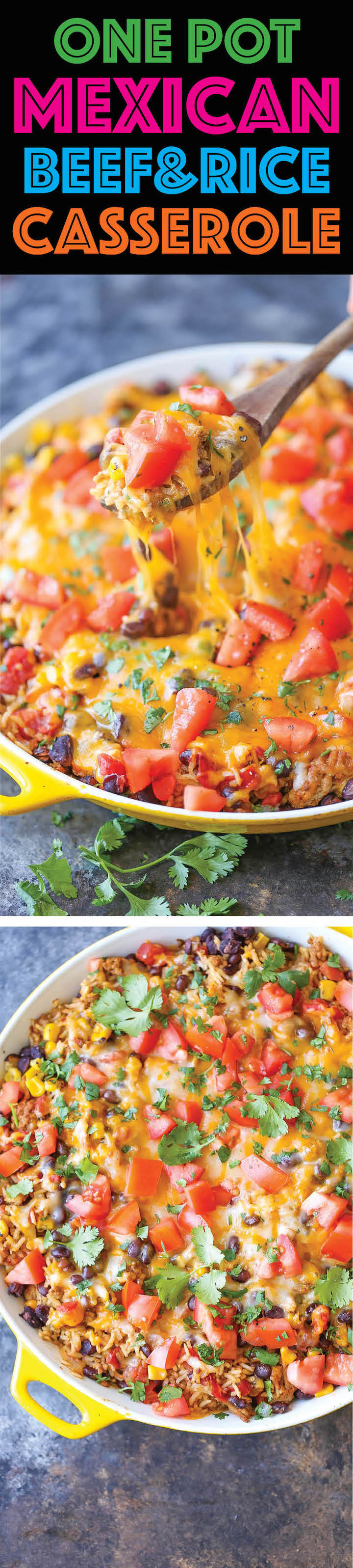 One Pot Mexican Beef and Rice Casserole - An easy peasy skillet dinner loaded with all that cheesy goodness. Even the rice gets cooked right in the pan!