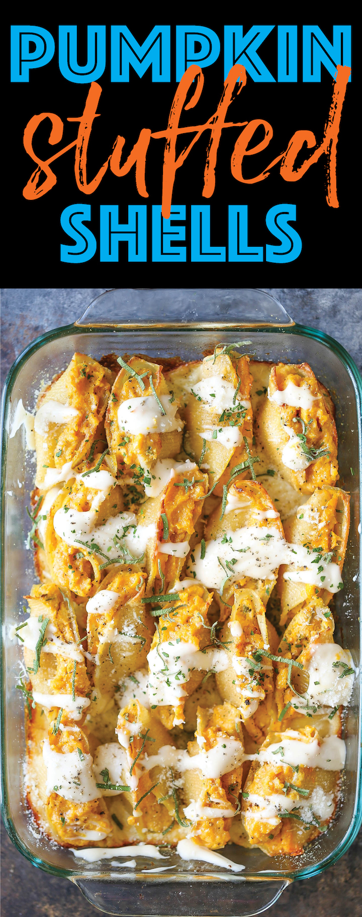 Pumpkin Stuffed Shells - Luxuriously creamy, rich and comforting with the most epic garlic parmesan cream sauce that you'll want to put on everything!