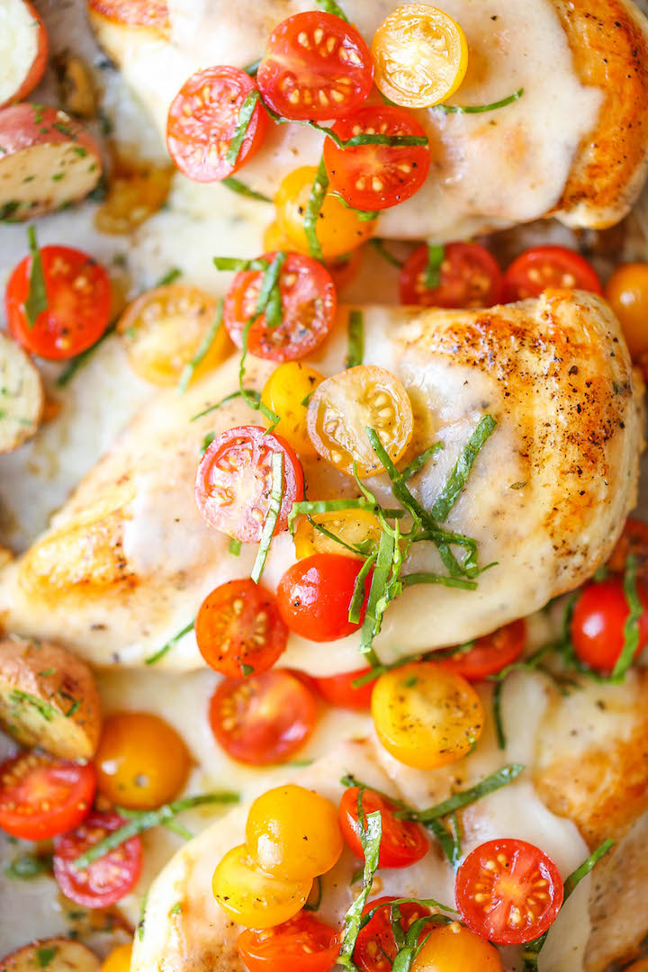 Sheet Pan Bruschetta Chicken - A sheet pan dinner without any of the fuss! Just top with fresh tomatoes right before serving! Easy, quick, and refreshing!