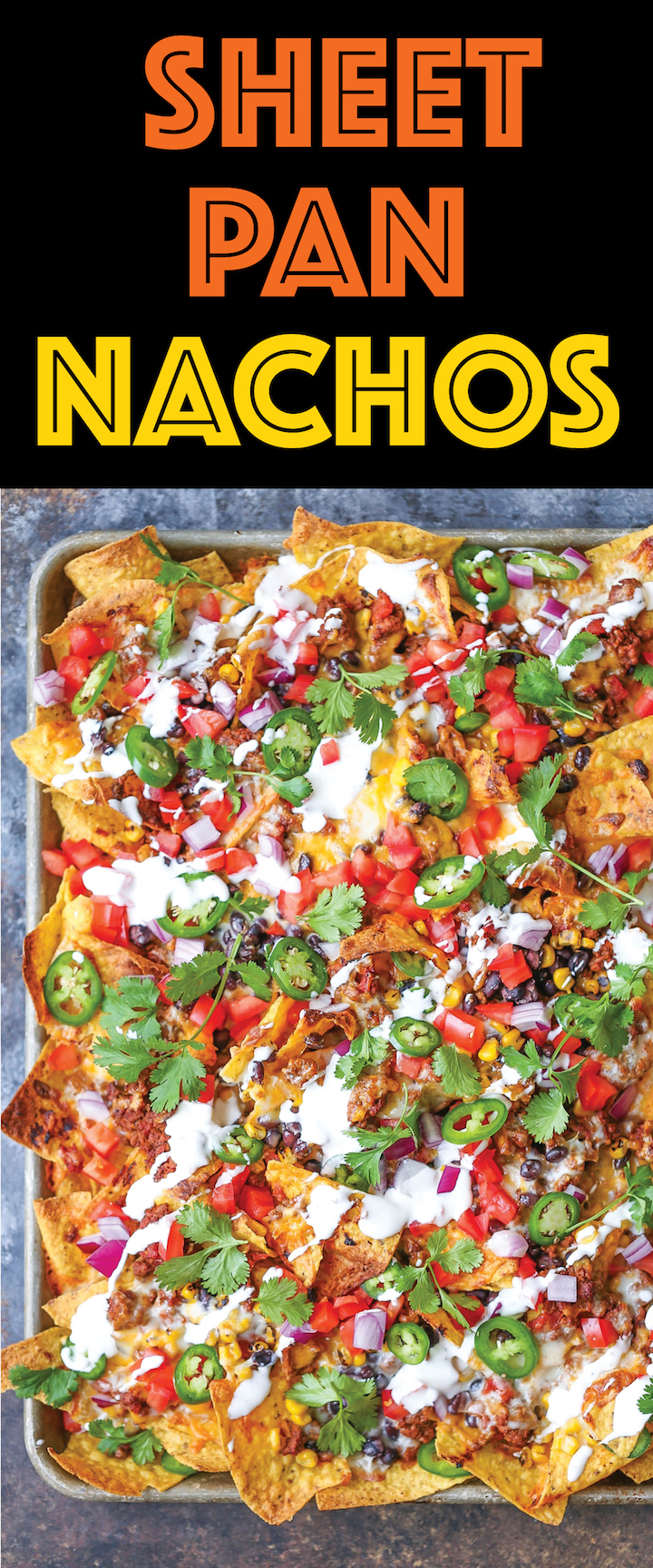 Sheet Pan Nachos - Loaded nachos that are guaranteed to be a crowd-pleaser! Simply layer your toppings, bake onto a sheet pan and serve. Done. Easy peasy!