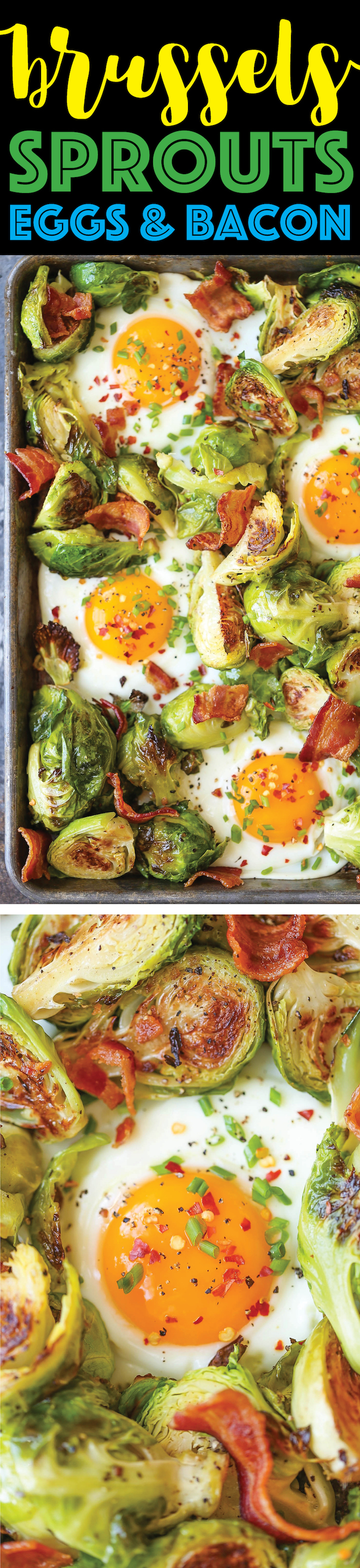Brussels Sprouts, Eggs and Bacon - A complete sheet pan breakfast with eggs, crisp bacon and roasted brussels sprouts! Quick/easy with one pan to clean!