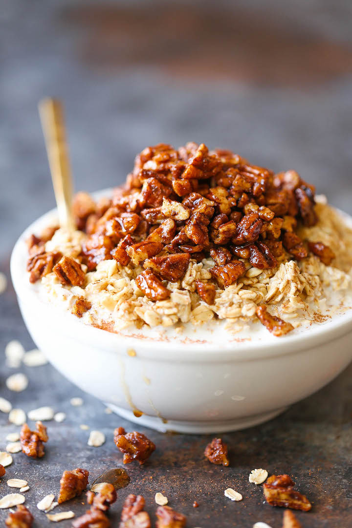 Pecan Pie Overnight Oats - A lighter, HEALTHIER take during the holidays! You can prep everything ahead of time. Just serve into a bowl and top with pecans!