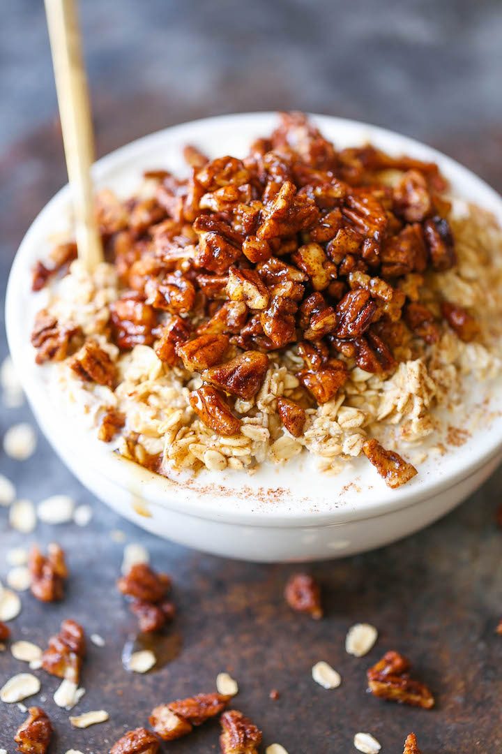 Pecan Pie Overnight Oats - A lighter, HEALTHIER take during the holidays! You can prep everything ahead of time. Just serve into a bowl and top with pecans!