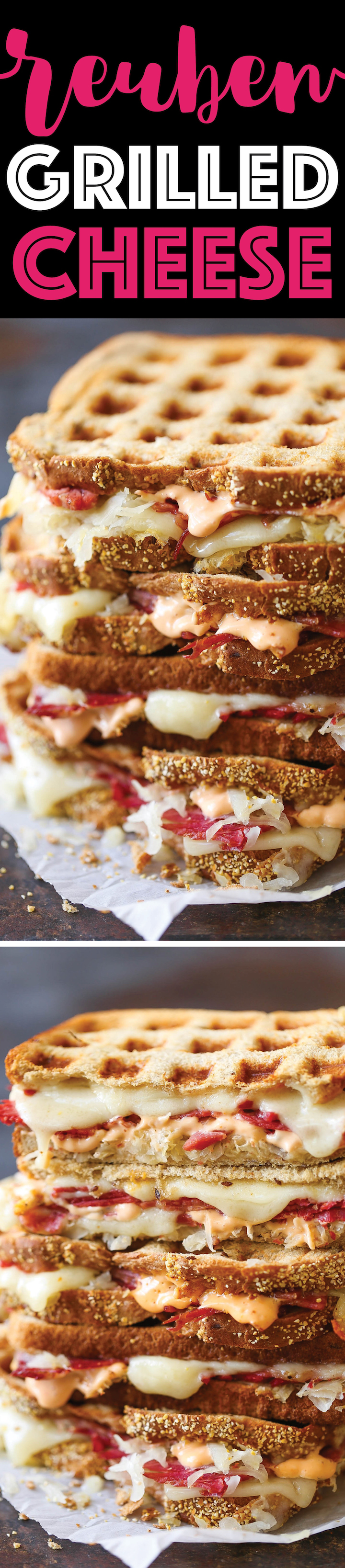 Reuben Grilled Cheese - A classic American sandwich! Corned beef, melted Swiss, sauerkraut, and Thousand Island dressing. So cheesy and just so darn easy!