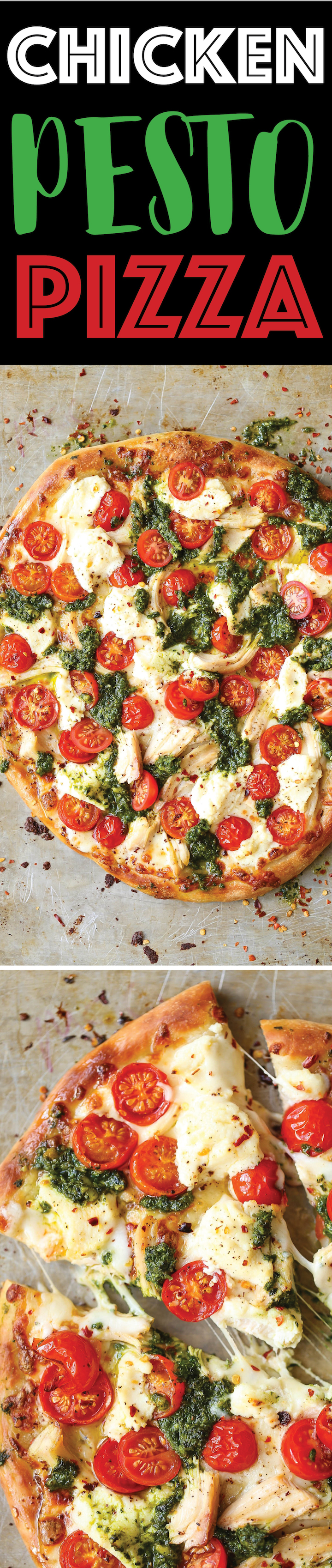 Chicken Pesto Pizza - The absolute perfect weeknight meal that comes together in minutes! Use leftover rotisserie chicken, fresh tomatoes, pesto and cheese!
