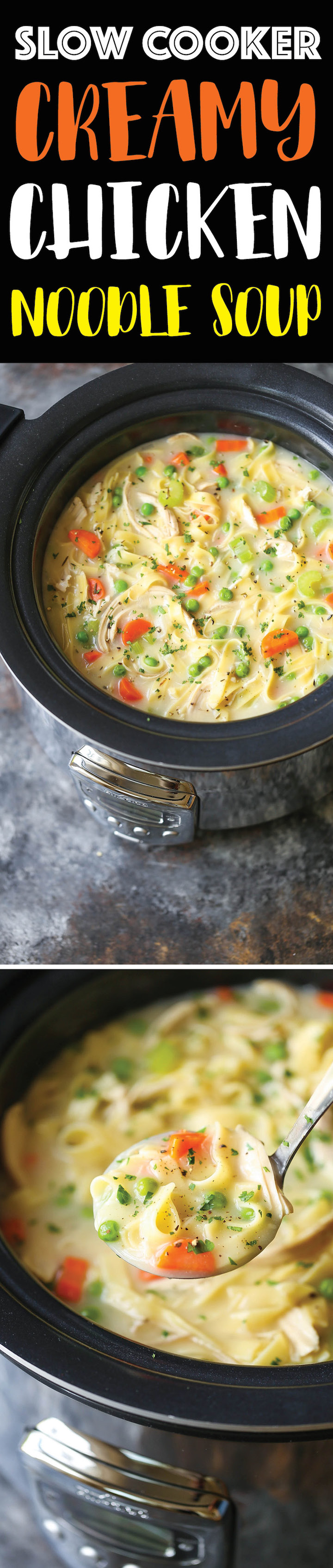 Slow Cooker Creamy Chicken Noodle Soup - The creamiest chicken noodle soup ever! Made effortlessly in your crockpot. Even the pasta gets cooked right in!