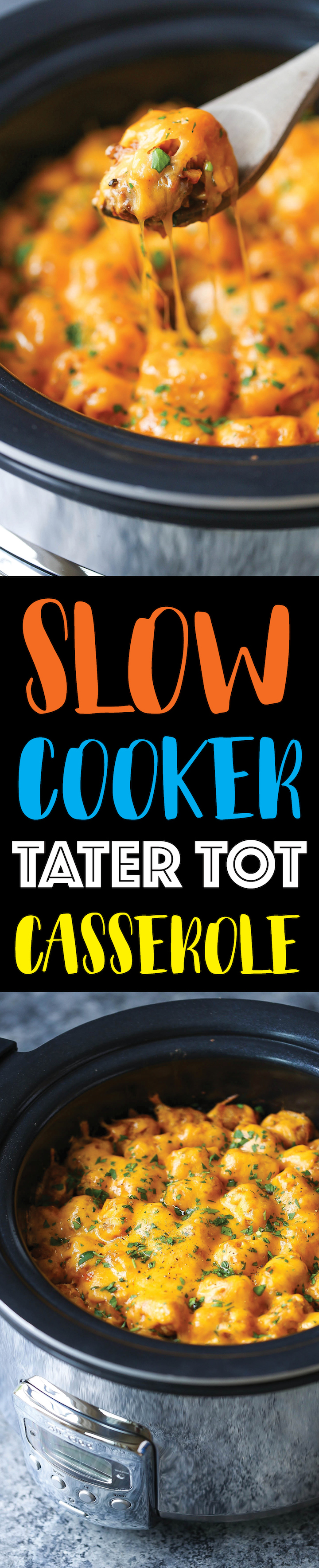 Slow Cooker Tater Tot Casserole - An absolute crowd-pleaser! Loaded with ground beef, cheese and everyone's fave: TATER TOTS! Made in the crockpot! EASY!!!