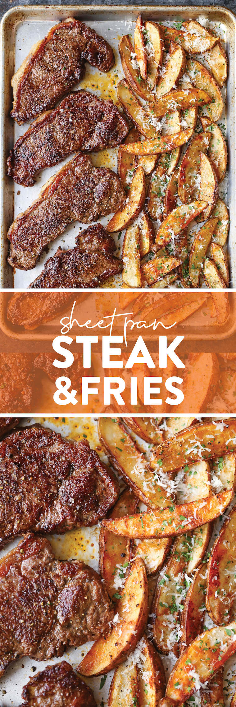 Sheet Pan Steak and Fries - The classic steak and fries easily made right on a sheet pan on ONE PAN! Bake your fries first, then add the steaks! EASY!